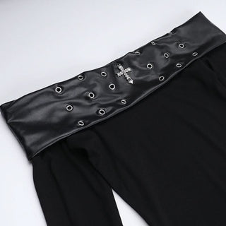 Off shoulder long sleeve PU leather slit ruffle maxi dress