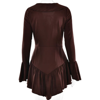 Long flared sleeve satin self tie ruffle ruched mini dress