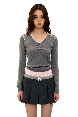 [Moromoro2] Star Jacquard Faux Two-piece Knit  Top