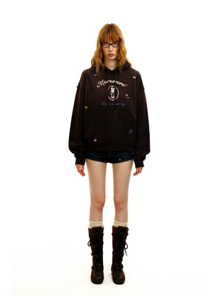 [Moromoro2] Embroidered Floral Hooded  Sweatshirt