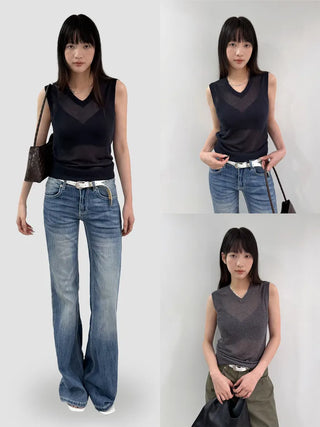 (2 colors) V-neck summer knit