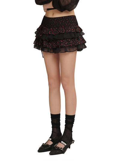 [moromoro2] Floral Mesh Pleated Skirt