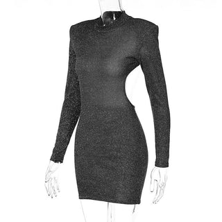 Long sleeve crewneck padded beaded mini dress