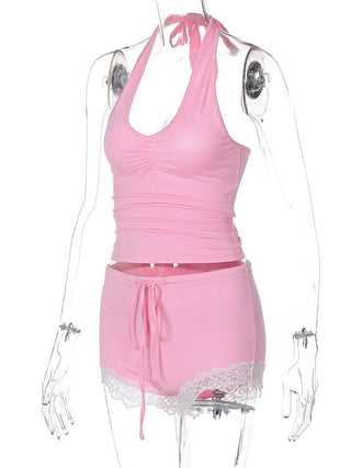 Ruched halter self tie lace hem u neck pant set