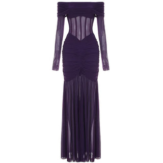 Long sleeve off shoulder mesh corset maxi dress