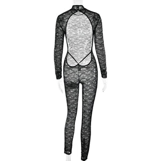 High neck long sleeve lace backless jumpsuit