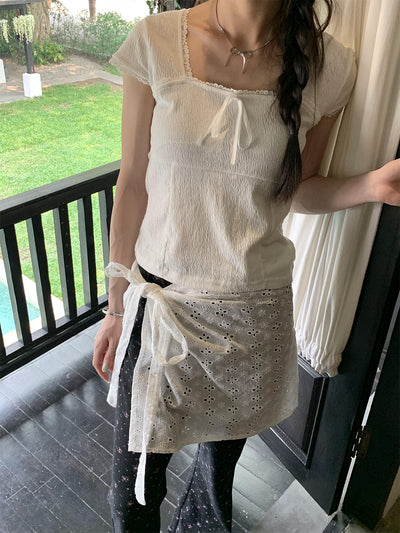 bow lace design square neck top