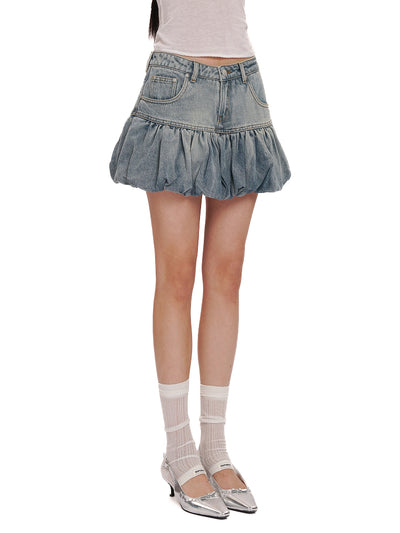 [moromoro2] Wash Bubble Mini Denim Skirt