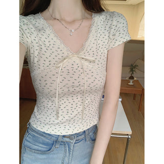 Korean Lace Bow V-neck Spice Girl Top