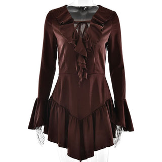 Long flared sleeve satin self tie ruffle ruched mini dress