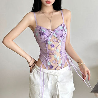Flower embroidery bowknot mesh lace up cami bodysuit