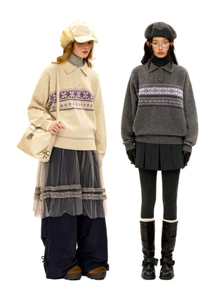 [Moromoro2] Pearl Snowflake Fair Isle Knit  Sweater