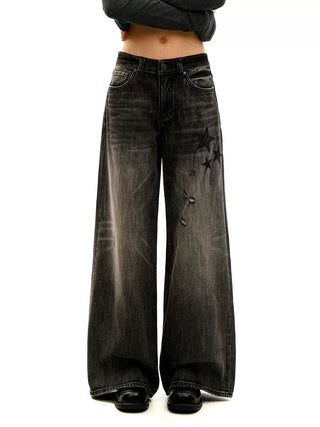 [Moromoro2] Star Plaid Patchwork Wide Leg  Jeans