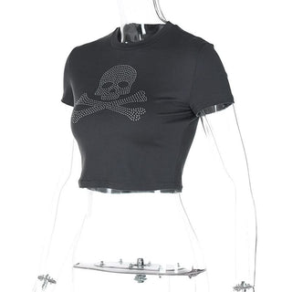 Short sleeve crewneck beaded skull pattern top