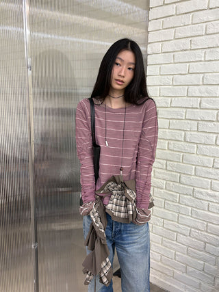 [NeverSeez] Linen Blend Striped T-shirt
