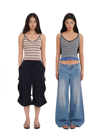 [moromoro2] Striped Mesh Hem Cami Top