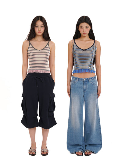 [moromoro2] Striped Mesh Hem Cami Top