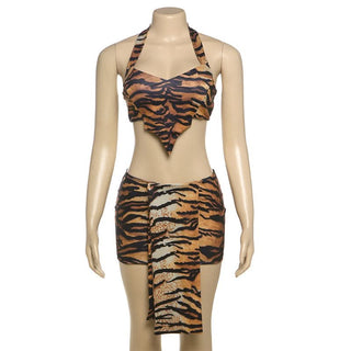Halter tiger print crop mini skirt set