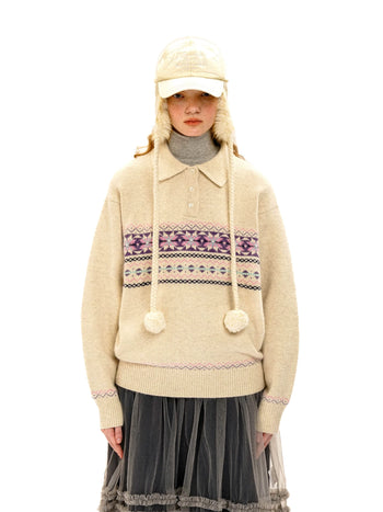 [Moromoro2] Pearl Snowflake Fair Isle Knit  Sweater