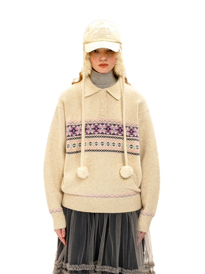 [Moromoro2] Pearl Snowflake Fair Isle Knit  Sweater