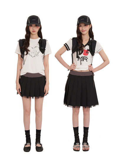 [moromoro2] Side-Tie Layered Mesh Pleated  Skirt