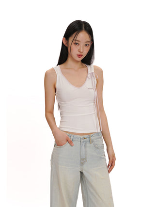 [moromoro2] ontrast-Edge Bow Strap Cami Top