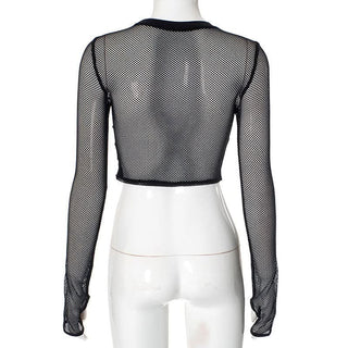 Long sleeve crewneck fishnet hole head pattern top
