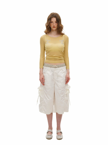 [Moromoro2] Faux Two-piece Waist Cropped  Pants