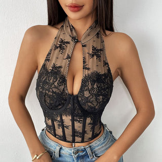 Halter button lace hollow out corset cut out top