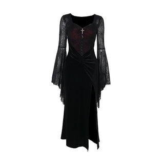 Long flared sleeve spider web slit velvet ruched maxi dress