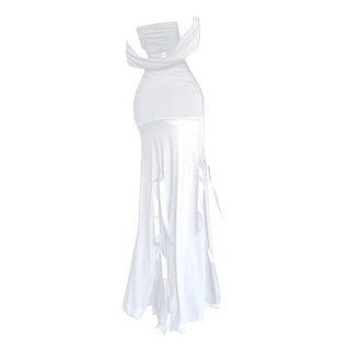 Off shoulder 2-way ribbon mesh maxi dress