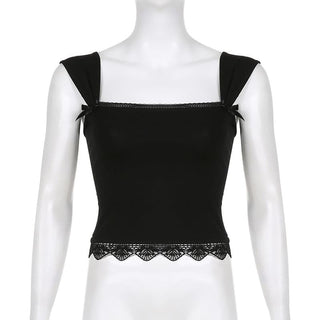 Square neck solid lace hem lace up crop top