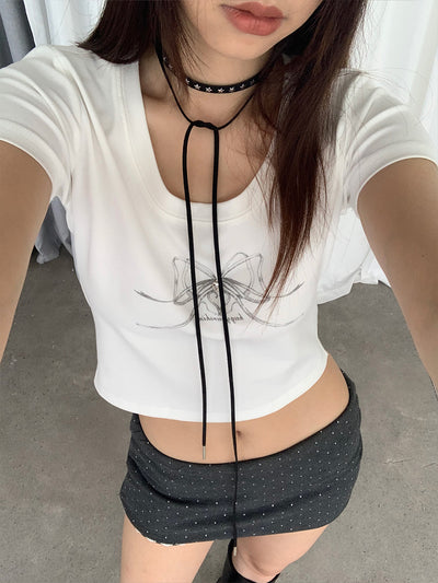 Crop Bowknot Print T-Shirt