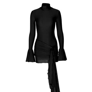 Long flared sleeve high neck ruched mini dress