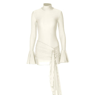 Long flared sleeve high neck ruched mini dress