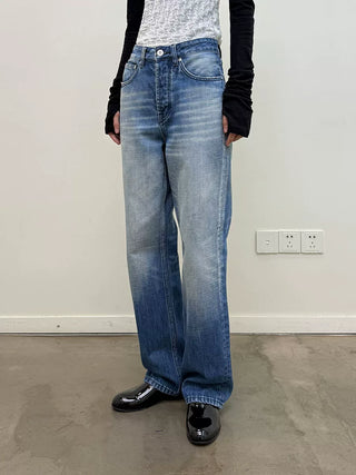 [NeverSeez] Whiskered Washed Straight Tapered Jeans