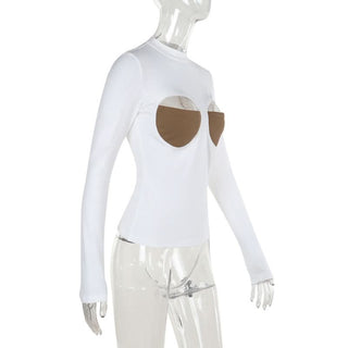 Long sleeve crewneck patchwork hollow out cut out top