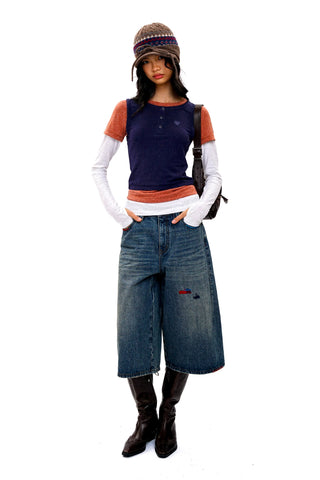 [Moromoro2] Distressed Patch Cropped Jeans