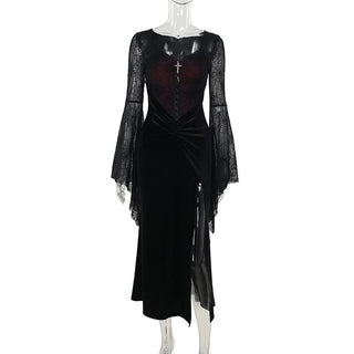 Long flared sleeve spider web slit velvet ruched maxi dress