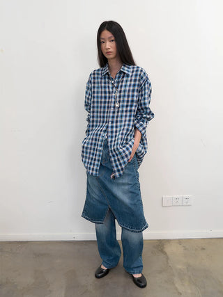 [NeverSeez] Pleated Fishtail Denim Skirt