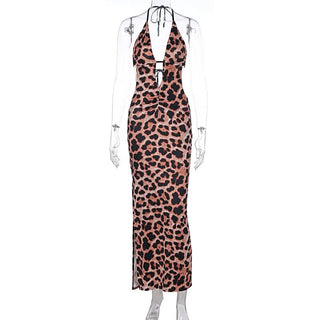 Leopard print hollow out self tie halter slit cut out maxi dress