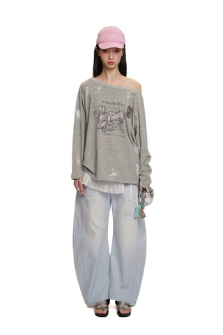 [moromoro2] Distressed Graffiti Off-Shoulder Long  Sleeve Tee