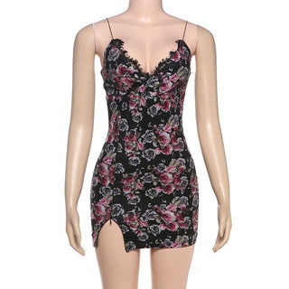 V neck lace flower print cami mini dress