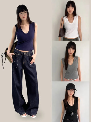 (4 colors) Deep V-neck sleeveless T-shirt