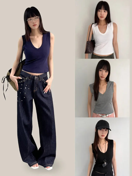 (4 colors) Deep V-neck sleeveless T-shirt
