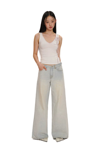 [moromoro2] ontrast-Edge Bow Strap Cami Top