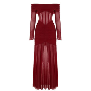 Long sleeve off shoulder mesh corset maxi dress