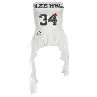 Ruffle letter print irregular backless tube top