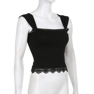 Square neck solid lace hem lace up crop top