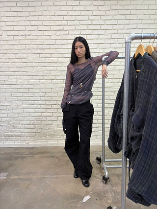 [NEVERSEEZ] Semi-sheer Ruched Mesh Top